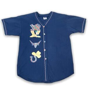 Vintage Western Theme Top Blouse Shirt Texas Rodeo Applique Concho Beads OSFM